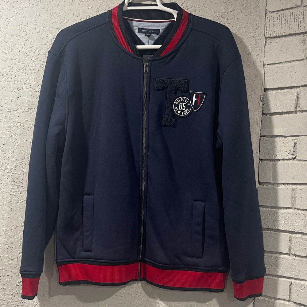 Tommy Hilfiger Men's Blue Bomber Jacket with Red Trim